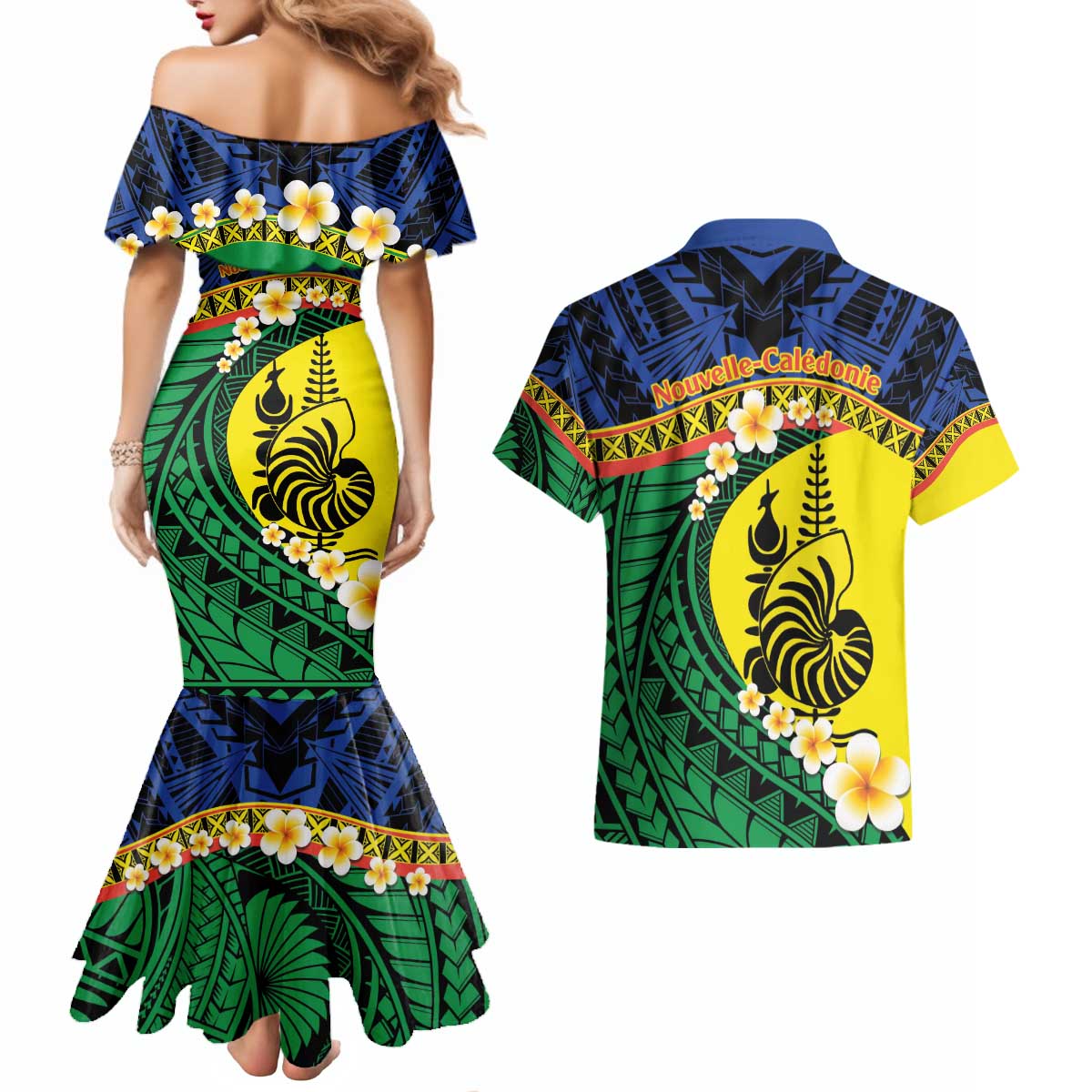 Melanesian New Caledonia Couples Matching Mermaid Dress and Hawaiian Shirt Plumeria Kagu Bird and Nautilus Shell LT9 - Polynesian Pride