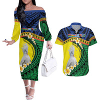 Melanesian New Caledonia Couples Matching Off The Shoulder Long Sleeve Dress and Hawaiian Shirt Plumeria Kagu Bird and Nautilus Shell LT9 Blue - Polynesian Pride