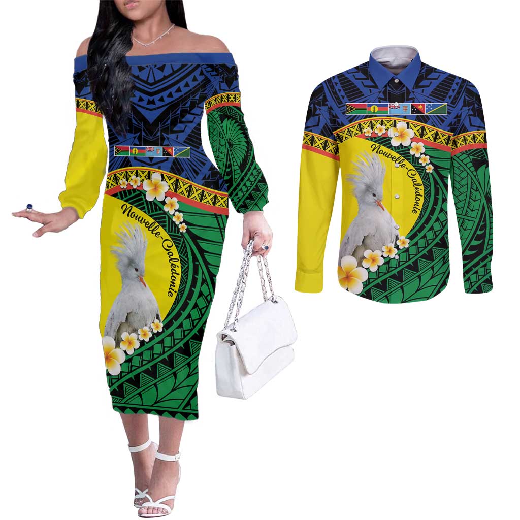 Melanesian New Caledonia Couples Matching Off The Shoulder Long Sleeve Dress and Long Sleeve Button Shirt Plumeria Kagu Bird and Nautilus Shell LT9 Blue - Polynesian Pride