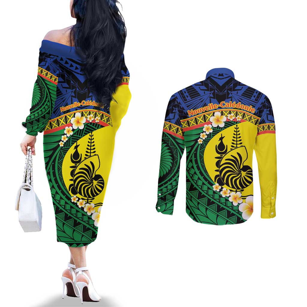 Melanesian New Caledonia Couples Matching Off The Shoulder Long Sleeve Dress and Long Sleeve Button Shirt Plumeria Kagu Bird and Nautilus Shell LT9 - Polynesian Pride