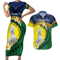 Melanesian New Caledonia Couples Matching Short Sleeve Bodycon Dress and Hawaiian Shirt Plumeria Kagu Bird and Nautilus Shell LT9 Blue - Polynesian Pride