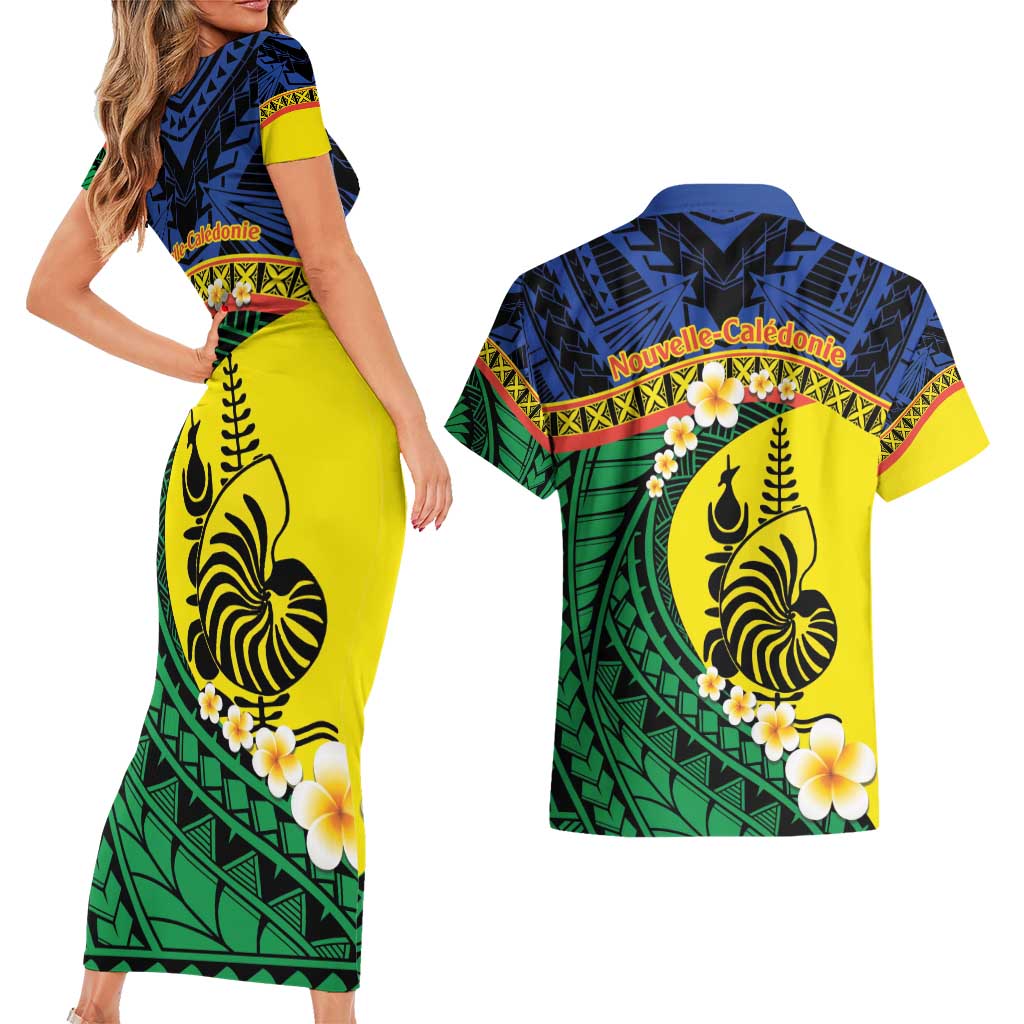 Melanesian New Caledonia Couples Matching Short Sleeve Bodycon Dress and Hawaiian Shirt Plumeria Kagu Bird and Nautilus Shell LT9 - Polynesian Pride