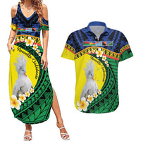 Melanesian New Caledonia Couples Matching Summer Maxi Dress and Hawaiian Shirt Plumeria Kagu Bird and Nautilus Shell LT9 Blue - Polynesian Pride