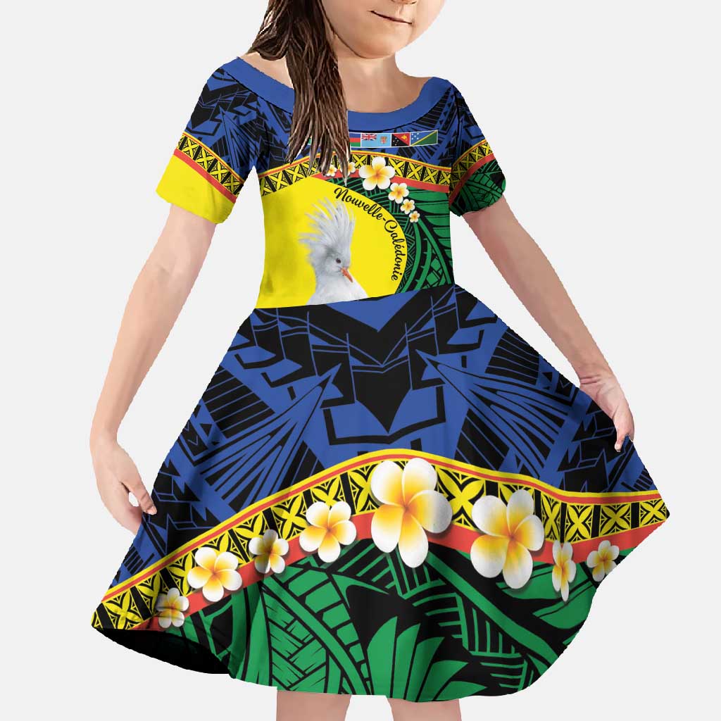 Melanesian New Caledonia Family Matching Long Sleeve Bodycon Dress and Hawaiian Shirt Plumeria Kagu Bird and Nautilus Shell LT9 Daughter's Dress Blue - Polynesian Pride