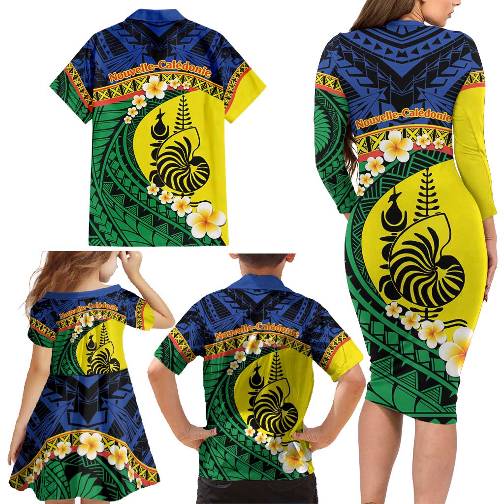 Melanesian New Caledonia Family Matching Long Sleeve Bodycon Dress and Hawaiian Shirt Plumeria Kagu Bird and Nautilus Shell LT9 - Polynesian Pride