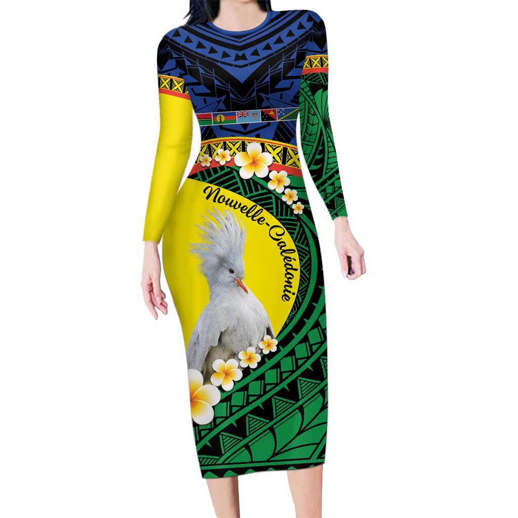 Melanesian New Caledonia Family Matching Long Sleeve Bodycon Dress and Hawaiian Shirt Plumeria Kagu Bird and Nautilus Shell LT9 Mom's Dress Blue - Polynesian Pride