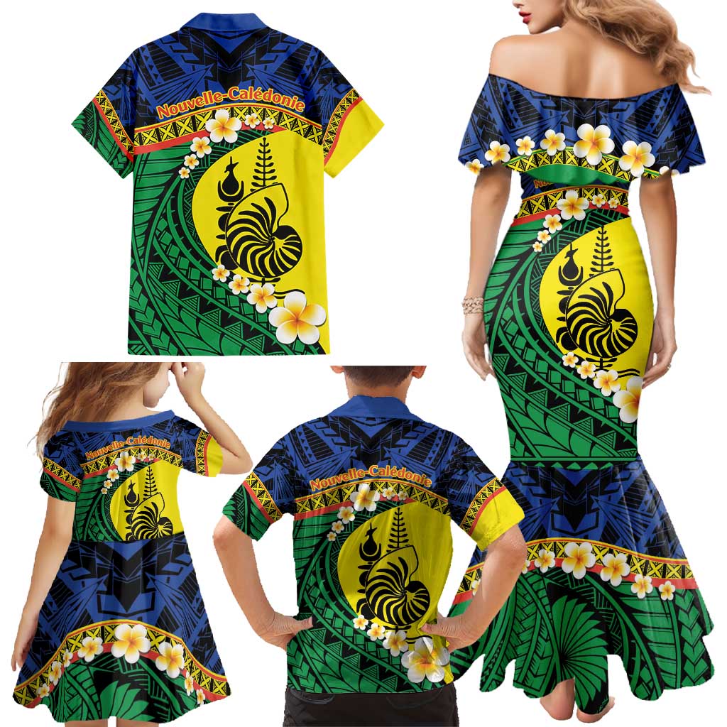 Melanesian New Caledonia Family Matching Mermaid Dress and Hawaiian Shirt Plumeria Kagu Bird and Nautilus Shell LT9 - Polynesian Pride