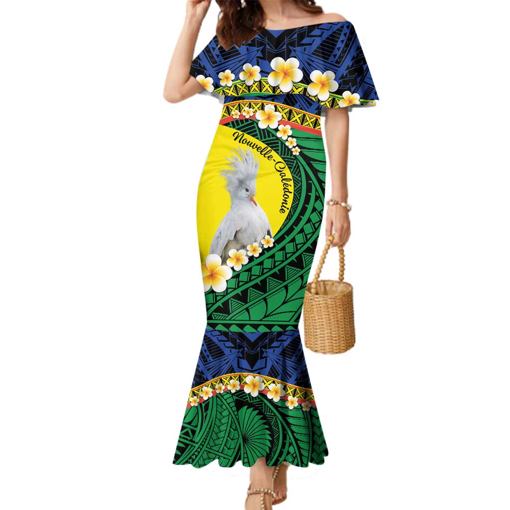 Melanesian New Caledonia Family Matching Mermaid Dress and Hawaiian Shirt Plumeria Kagu Bird and Nautilus Shell LT9 Mom's Dress Blue - Polynesian Pride