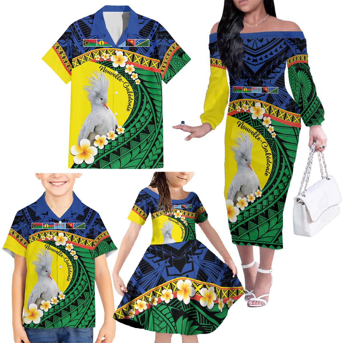 Melanesian New Caledonia Family Matching Off The Shoulder Long Sleeve Dress and Hawaiian Shirt Plumeria Kagu Bird and Nautilus Shell LT9 - Polynesian Pride