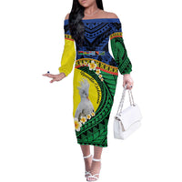 Melanesian New Caledonia Family Matching Off The Shoulder Long Sleeve Dress and Hawaiian Shirt Plumeria Kagu Bird and Nautilus Shell LT9 Mom's Dress Blue - Polynesian Pride