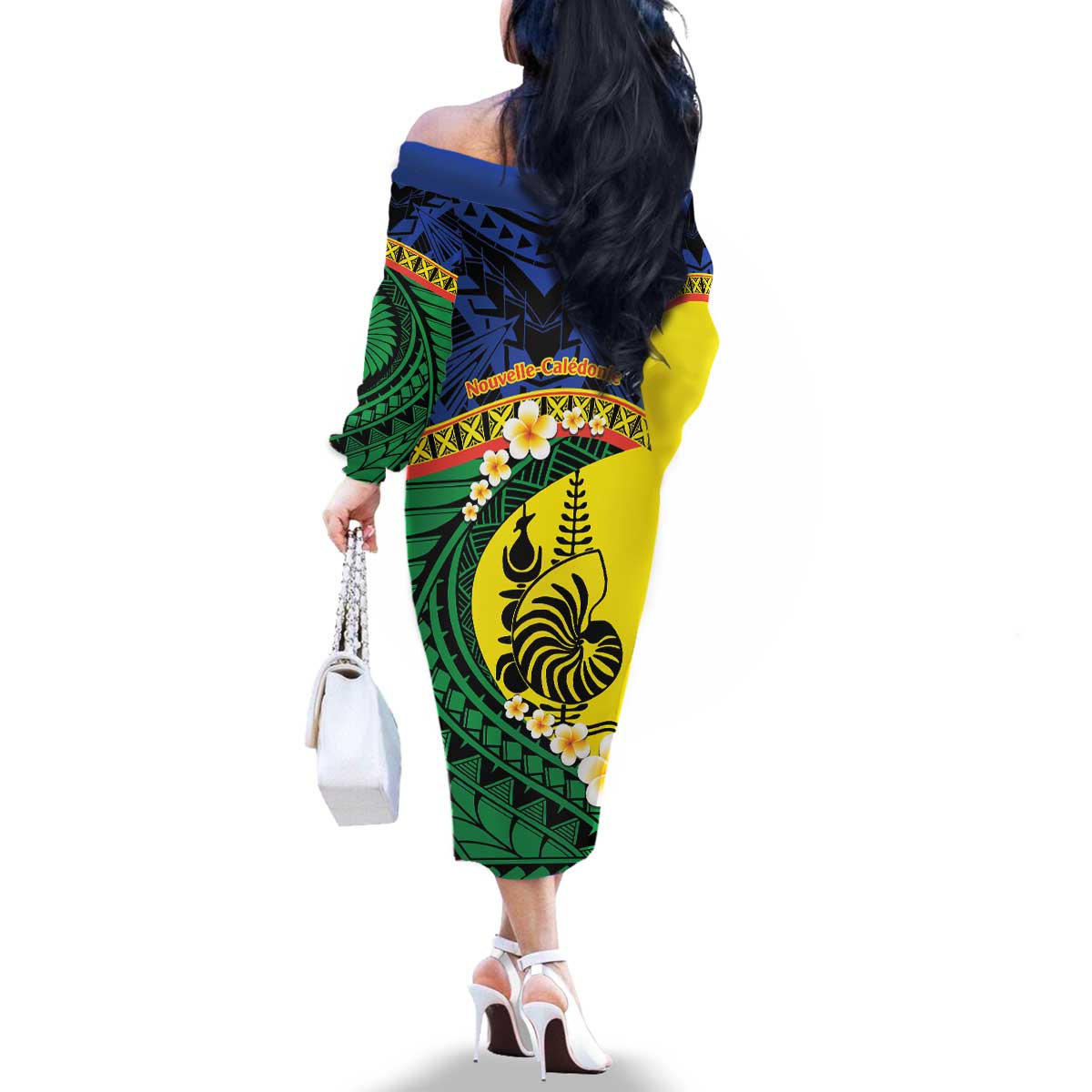 Melanesian New Caledonia Family Matching Off The Shoulder Long Sleeve Dress and Hawaiian Shirt Plumeria Kagu Bird and Nautilus Shell LT9 - Polynesian Pride