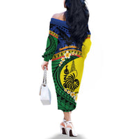 Melanesian New Caledonia Family Matching Off The Shoulder Long Sleeve Dress and Hawaiian Shirt Plumeria Kagu Bird and Nautilus Shell LT9 - Polynesian Pride