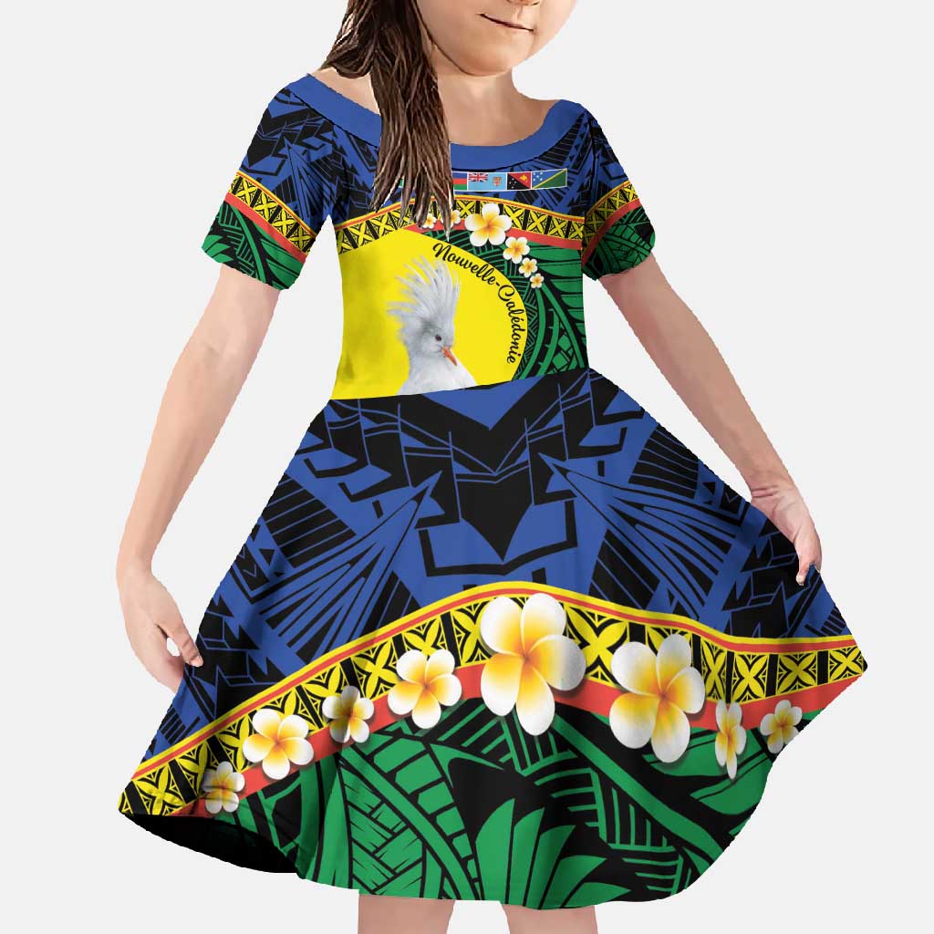 Melanesian New Caledonia Family Matching Off Shoulder Maxi Dress and Hawaiian Shirt Plumeria Kagu Bird and Nautilus Shell LT9 Daughter's Dress Blue - Polynesian Pride
