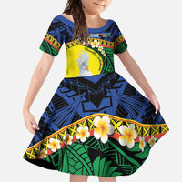 Melanesian New Caledonia Family Matching Off Shoulder Maxi Dress and Hawaiian Shirt Plumeria Kagu Bird and Nautilus Shell LT9 Daughter's Dress Blue - Polynesian Pride