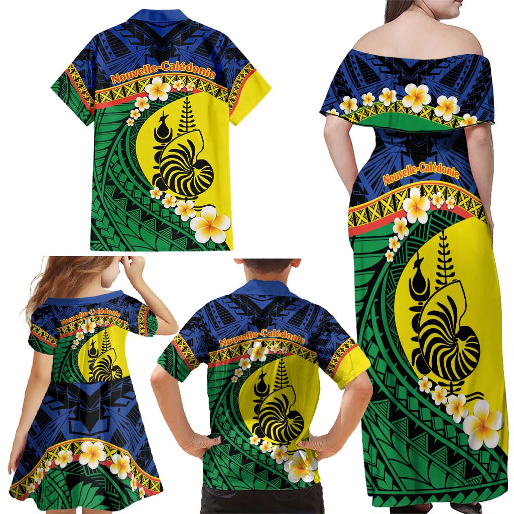 Melanesian New Caledonia Family Matching Off Shoulder Maxi Dress and Hawaiian Shirt Plumeria Kagu Bird and Nautilus Shell LT9 - Polynesian Pride