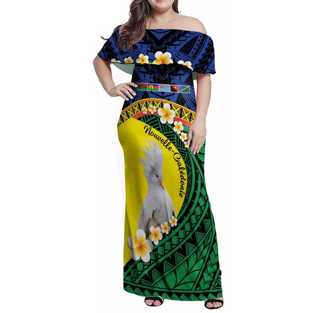 Melanesian New Caledonia Family Matching Off Shoulder Maxi Dress and Hawaiian Shirt Plumeria Kagu Bird and Nautilus Shell LT9 Mom's Dress Blue - Polynesian Pride