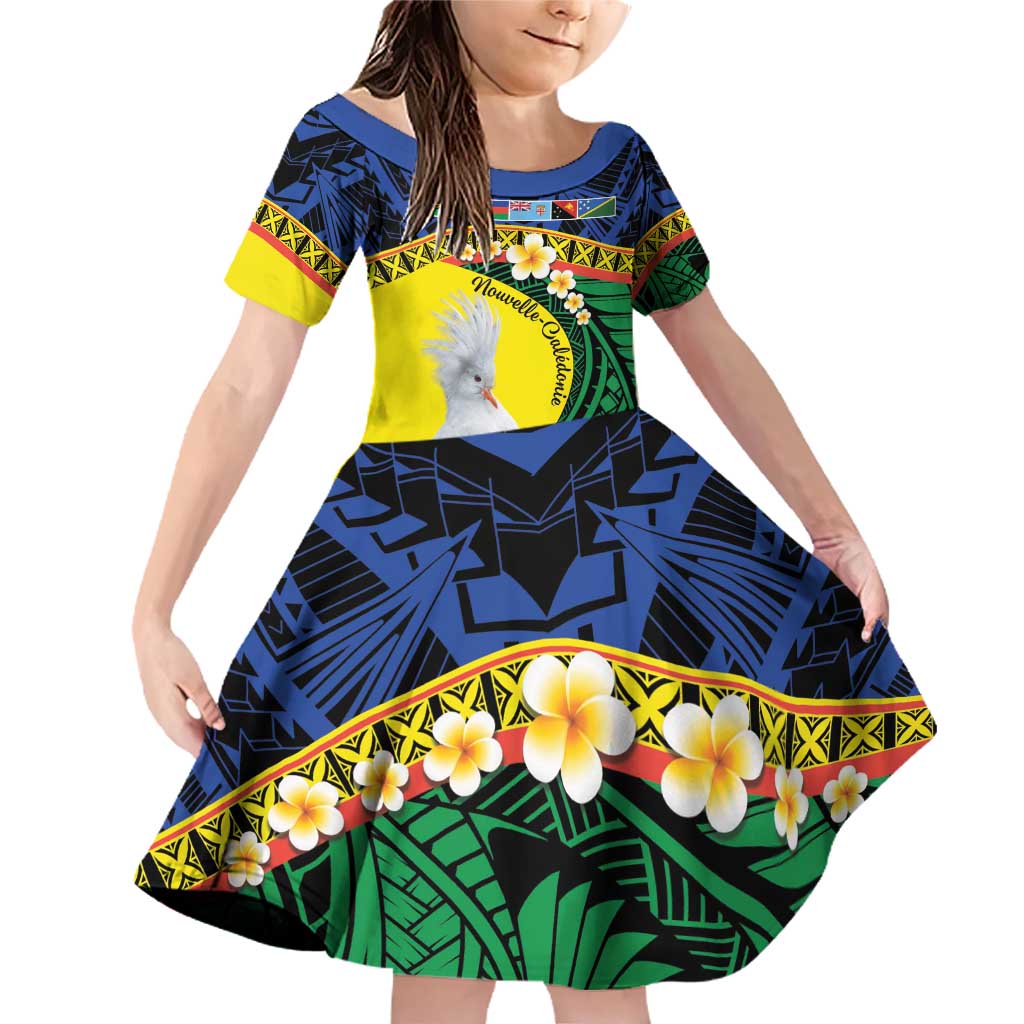 Melanesian New Caledonia Family Matching Off Shoulder Short Dress and Hawaiian Shirt Plumeria Kagu Bird and Nautilus Shell LT9 Daughter's Dress Blue - Polynesian Pride