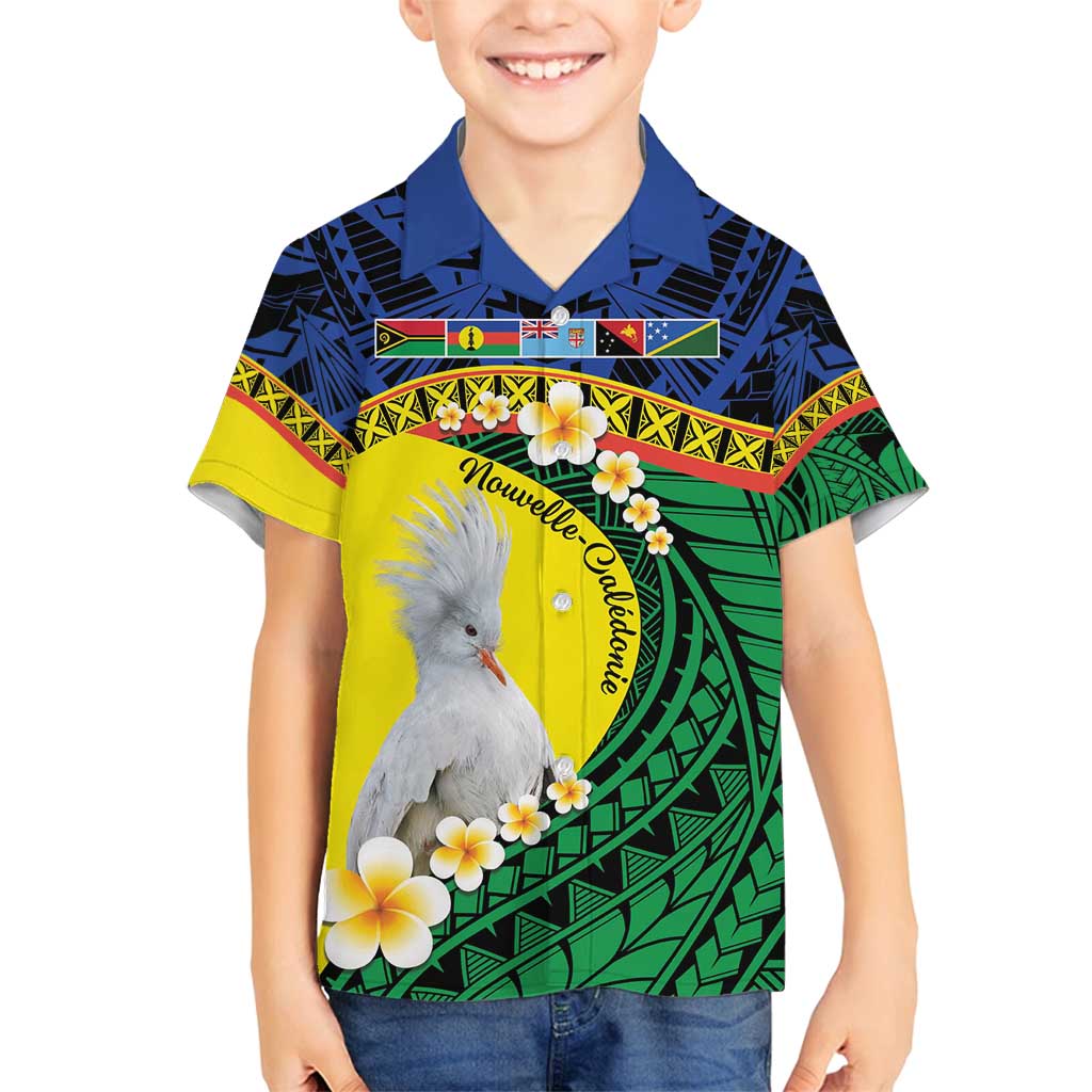 Melanesian New Caledonia Family Matching Off Shoulder Short Dress and Hawaiian Shirt Plumeria Kagu Bird and Nautilus Shell LT9 Son's Shirt Blue - Polynesian Pride