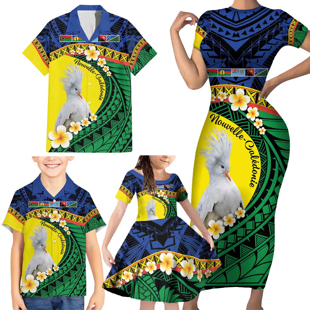 Melanesian New Caledonia Family Matching Short Sleeve Bodycon Dress and Hawaiian Shirt Plumeria Kagu Bird and Nautilus Shell LT9 - Polynesian Pride