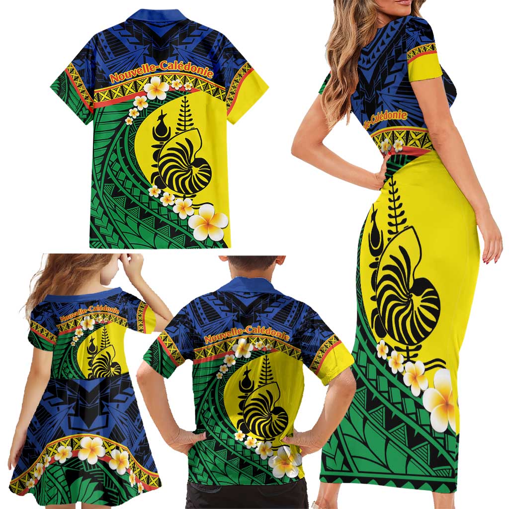 Melanesian New Caledonia Family Matching Short Sleeve Bodycon Dress and Hawaiian Shirt Plumeria Kagu Bird and Nautilus Shell LT9 - Polynesian Pride