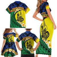 Melanesian New Caledonia Family Matching Short Sleeve Bodycon Dress and Hawaiian Shirt Plumeria Kagu Bird and Nautilus Shell LT9 - Polynesian Pride