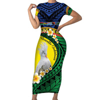 Melanesian New Caledonia Family Matching Short Sleeve Bodycon Dress and Hawaiian Shirt Plumeria Kagu Bird and Nautilus Shell LT9 Mom's Dress Blue - Polynesian Pride