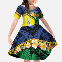 Melanesian New Caledonia Family Matching Summer Maxi Dress and Hawaiian Shirt Plumeria Kagu Bird and Nautilus Shell LT9 Daughter's Dress Blue - Polynesian Pride