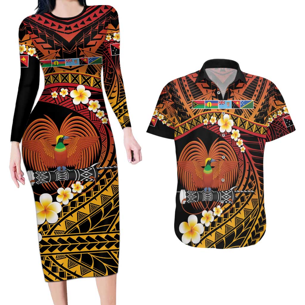 Melanesian Papua New Guinea Couples Matching Long Sleeve Bodycon Dress and Hawaiian Shirt Plumeria Bird of Paradise Tribal LT9 Red - Polynesian Pride