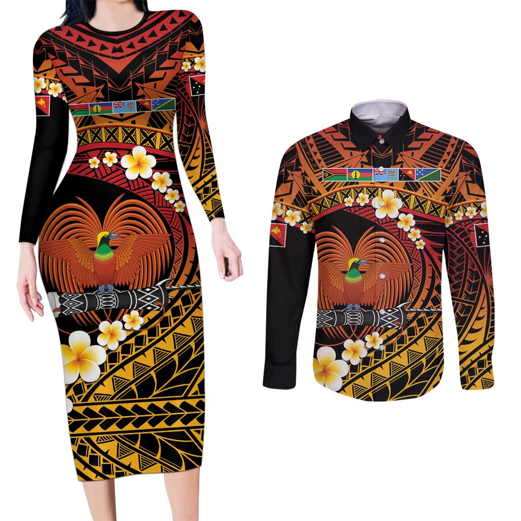 Melanesian Papua New Guinea Couples Matching Long Sleeve Bodycon Dress and Long Sleeve Button Shirt Plumeria Bird of Paradise Tribal LT9 Red - Polynesian Pride