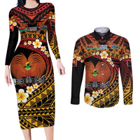 Melanesian Papua New Guinea Couples Matching Long Sleeve Bodycon Dress and Long Sleeve Button Shirt Plumeria Bird of Paradise Tribal LT9 Red - Polynesian Pride