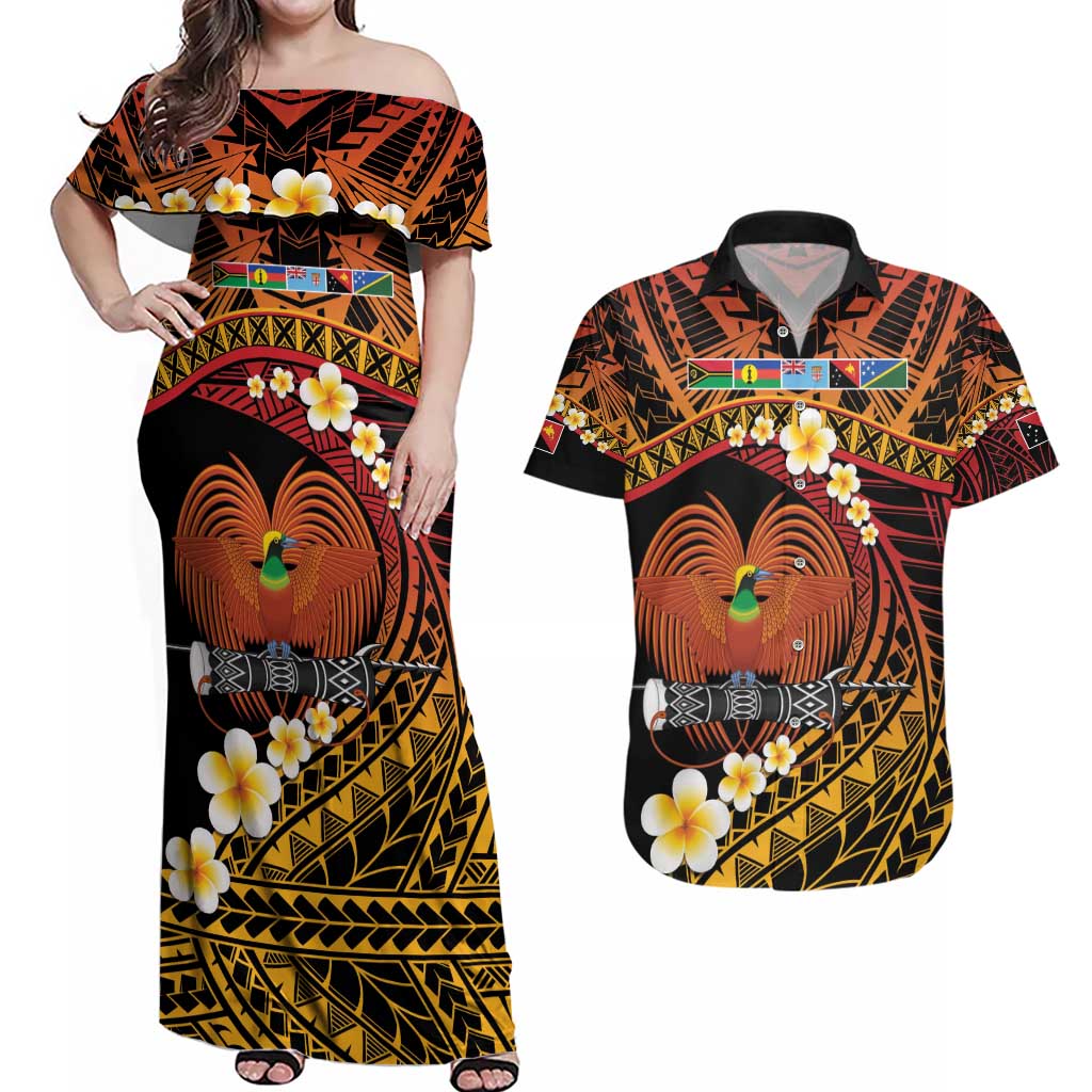 Melanesian Papua New Guinea Couples Matching Off Shoulder Maxi Dress and Hawaiian Shirt Plumeria Bird of Paradise Tribal LT9 Red - Polynesian Pride
