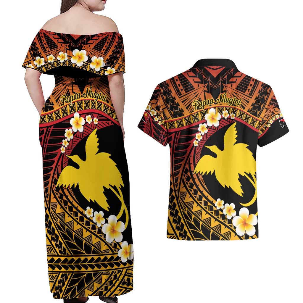 Melanesian Papua New Guinea Couples Matching Off Shoulder Maxi Dress and Hawaiian Shirt Plumeria Bird of Paradise Tribal LT9 - Polynesian Pride