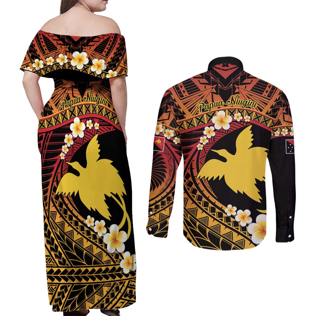 Melanesian Papua New Guinea Couples Matching Off Shoulder Maxi Dress and Long Sleeve Button Shirt Plumeria Bird of Paradise Tribal LT9 - Polynesian Pride