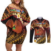 Melanesian Papua New Guinea Couples Matching Off Shoulder Short Dress and Long Sleeve Button Shirt Plumeria Bird of Paradise Tribal LT9 Red - Polynesian Pride