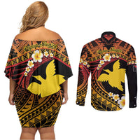 Melanesian Papua New Guinea Couples Matching Off Shoulder Short Dress and Long Sleeve Button Shirt Plumeria Bird of Paradise Tribal LT9 - Polynesian Pride