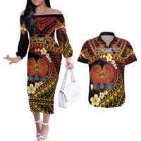 Melanesian Papua New Guinea Couples Matching Off The Shoulder Long Sleeve Dress and Hawaiian Shirt Plumeria Bird of Paradise Tribal LT9 Red - Polynesian Pride