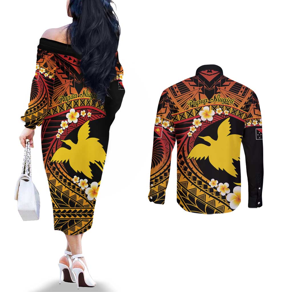 Melanesian Papua New Guinea Couples Matching Off The Shoulder Long Sleeve Dress and Long Sleeve Button Shirt Plumeria Bird of Paradise Tribal LT9 - Polynesian Pride