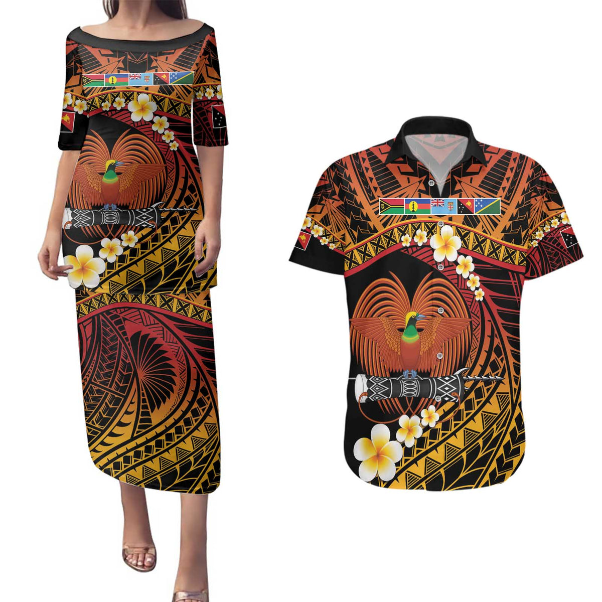 Melanesian Papua New Guinea Couples Matching Puletasi and Hawaiian Shirt Plumeria Bird of Paradise Tribal LT9 Red - Polynesian Pride
