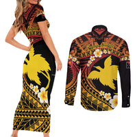 Melanesian Papua New Guinea Couples Matching Short Sleeve Bodycon Dress and Long Sleeve Button Shirt Plumeria Bird of Paradise Tribal LT9 - Polynesian Pride