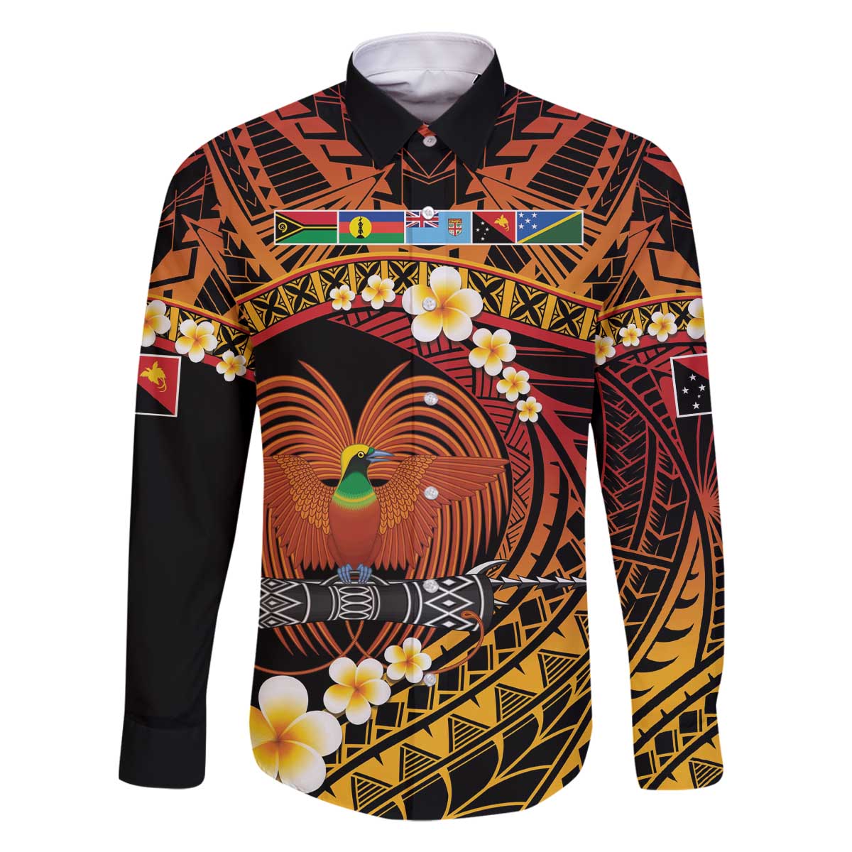 Melanesian Papua New Guinea Family Matching Off The Shoulder Long Sleeve Dress and Hawaiian Shirt Plumeria Bird of Paradise Tribal LT9 Dad's Shirt - Long Sleeve Red - Polynesian Pride