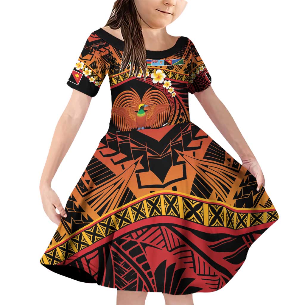 Melanesian Papua New Guinea Family Matching Off Shoulder Short Dress and Hawaiian Shirt Plumeria Bird of Paradise Tribal LT9 Daughter's Dress Red - Polynesian Pride