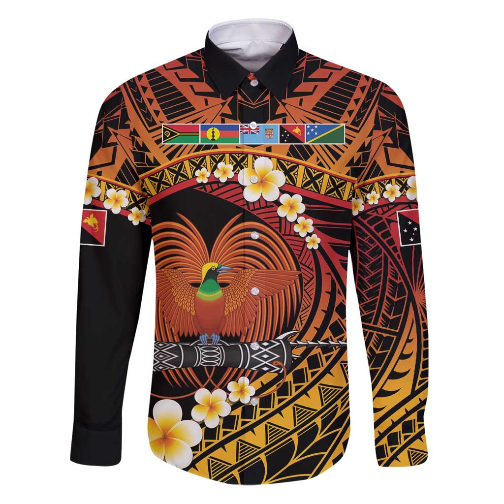 Melanesian Papua New Guinea Family Matching Puletasi and Hawaiian Shirt Plumeria Bird of Paradise Tribal LT9 Dad's Shirt - Long Sleeve Red - Polynesian Pride