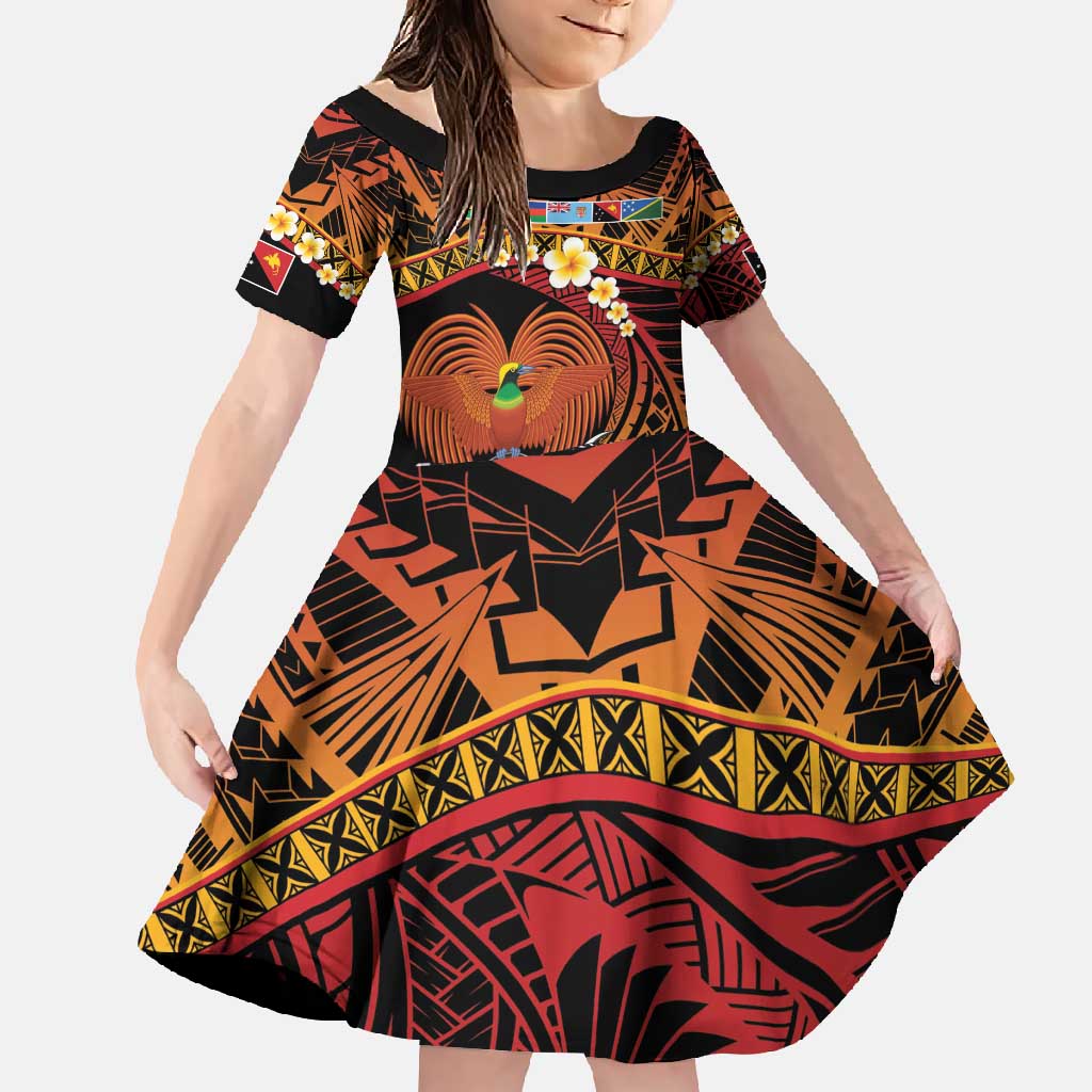 Melanesian Papua New Guinea Family Matching Short Sleeve Bodycon Dress and Hawaiian Shirt Plumeria Bird of Paradise Tribal LT9 Daughter's Dress Red - Polynesian Pride