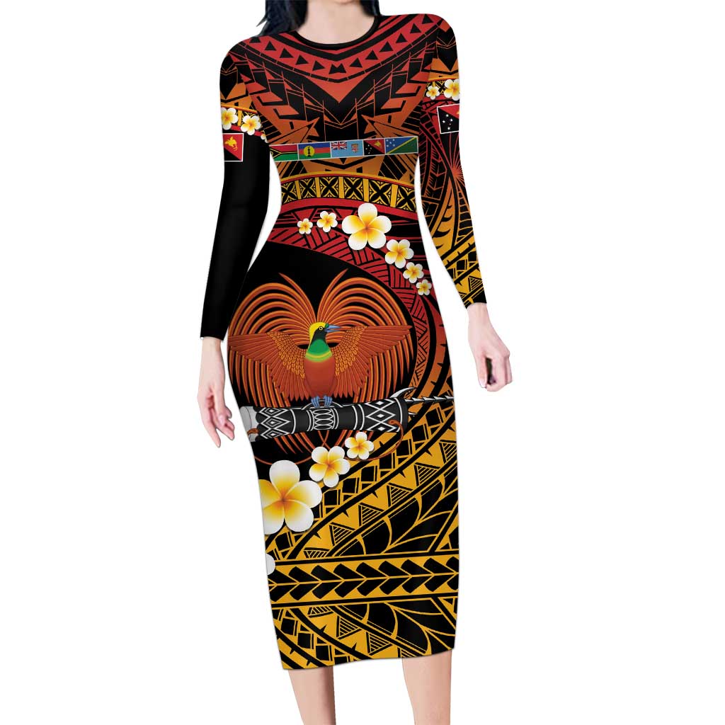 Melanesian Papua New Guinea Long Sleeve Bodycon Dress Plumeria Bird of Paradise Tribal LT9 Long Dress Red - Polynesian Pride