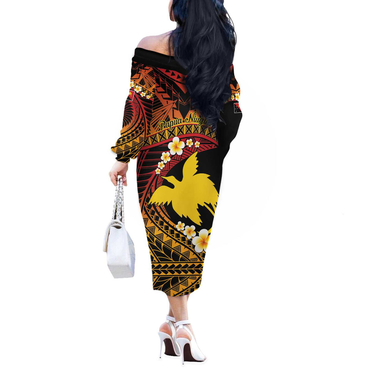 Melanesian Papua New Guinea Off The Shoulder Long Sleeve Dress Plumeria Bird of Paradise Tribal LT9 - Polynesian Pride