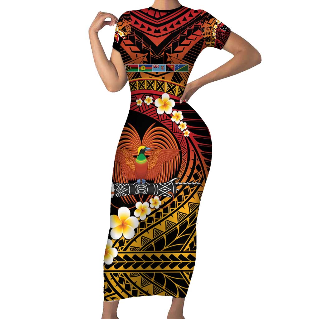 Melanesian Papua New Guinea Short Sleeve Bodycon Dress Plumeria Bird of Paradise Tribal LT9 Long Dress Red - Polynesian Pride