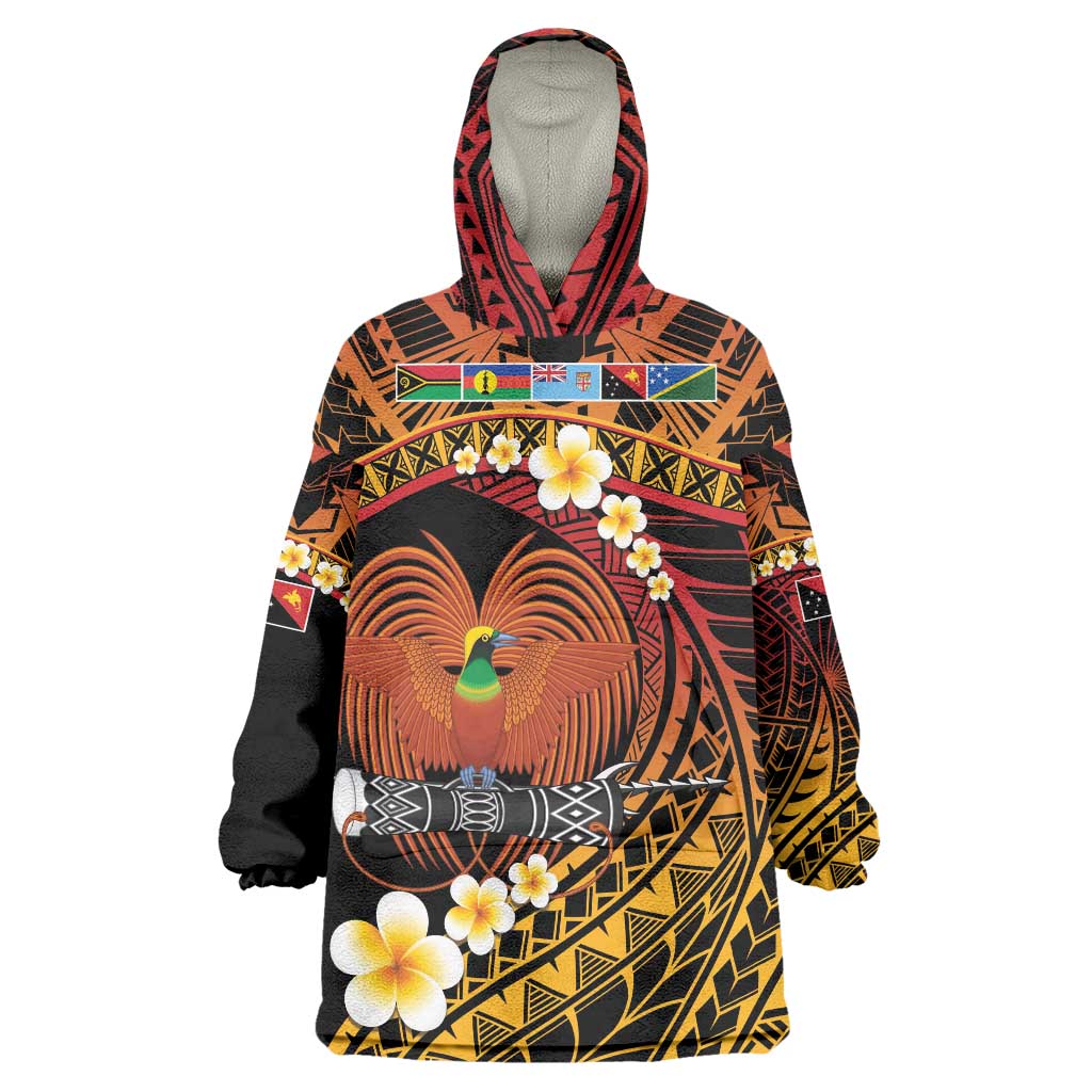 Melanesian Papua New Guinea Wearable Blanket Hoodie Plumeria Bird of Paradise Tribal LT9 One Size Red - Polynesian Pride
