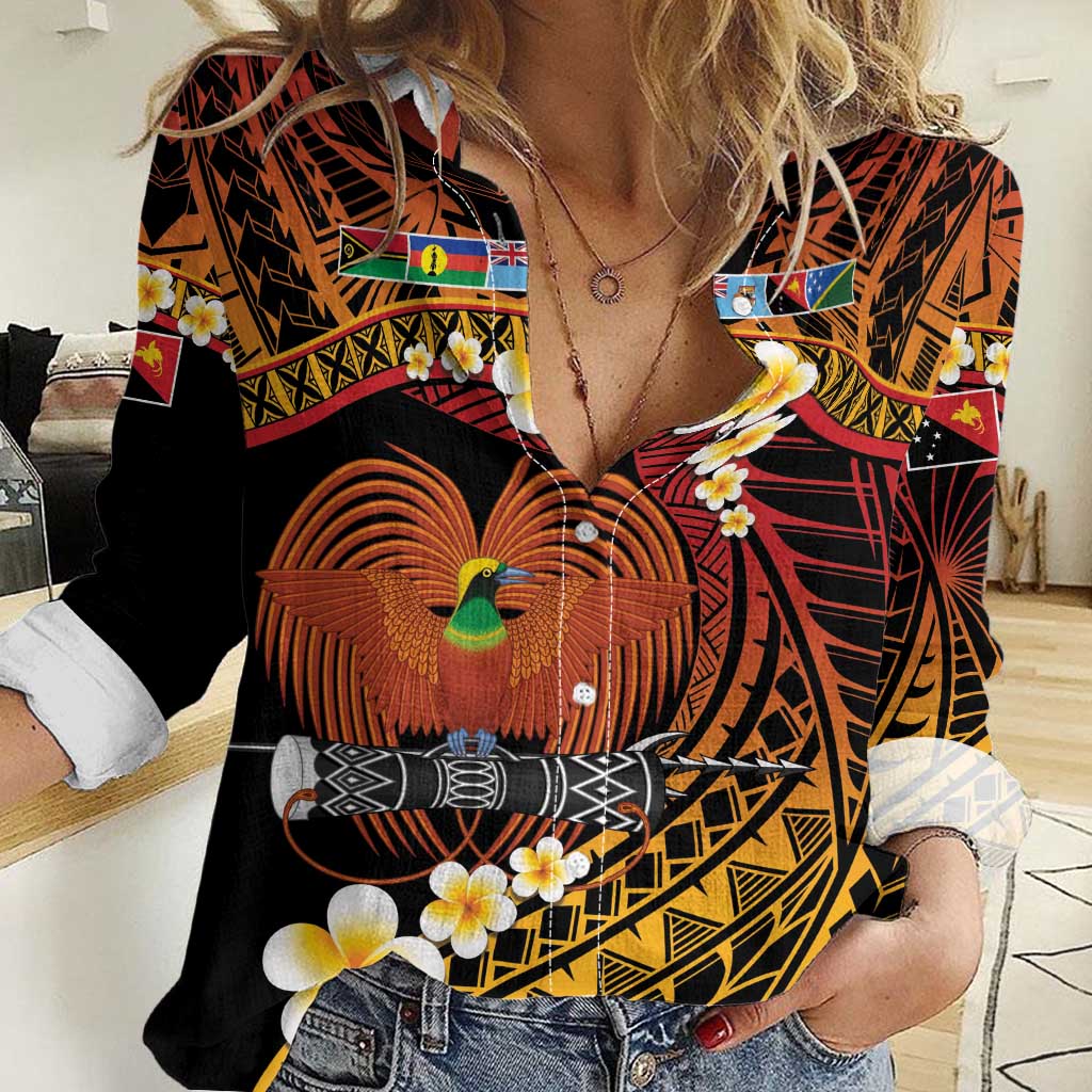 Melanesian Papua New Guinea Women Casual Shirt Plumeria Bird of Paradise Tribal LT9 Female Red - Polynesian Pride