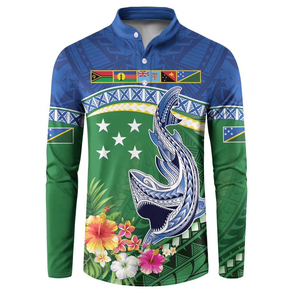Melanesian Solomon Islands Button Sweatshirt Tropical Shark Tattoo LT9 Blue - Polynesian Pride