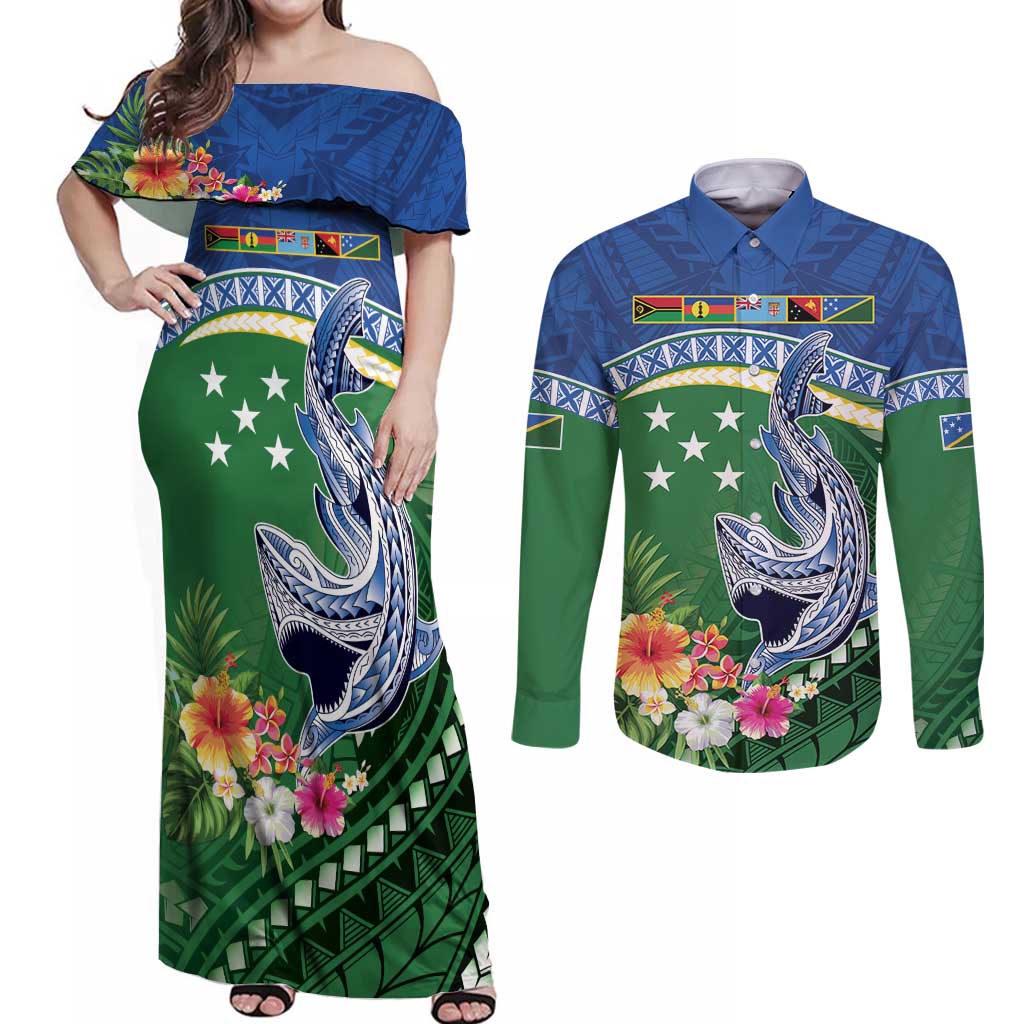 Melanesian Solomon Islands Couples Matching Off Shoulder Maxi Dress and Long Sleeve Button Shirt Tropical Shark Tattoo LT9 Blue - Polynesian Pride